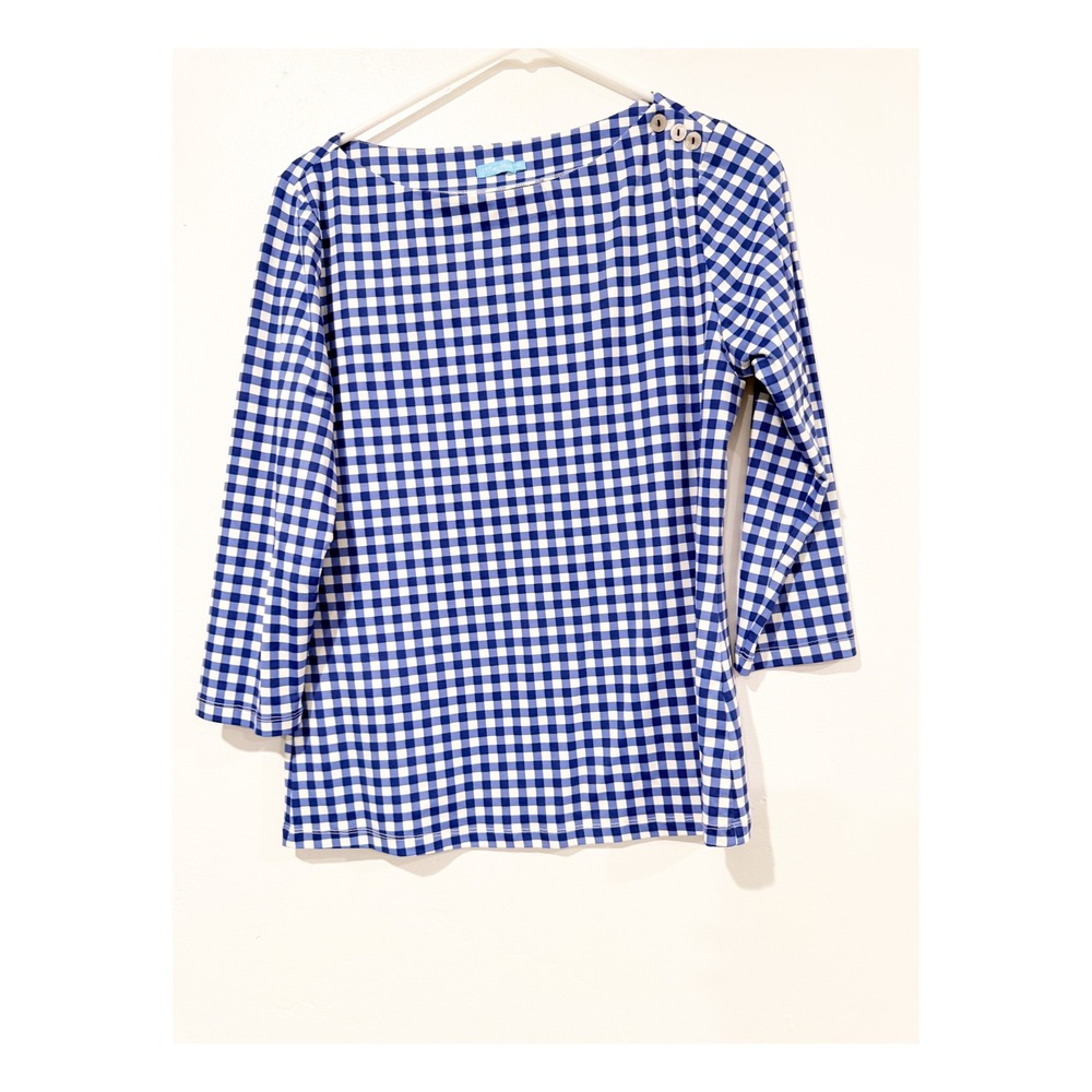 J.McLaughlin Blue White Gingham 3/4 Sleeve Boatneck Button Shoulder Top Medium